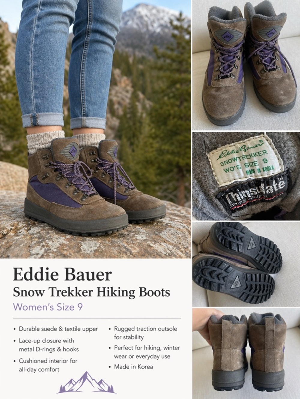 Eddie Bauer Snow Trekker Hiking Boots Women’s Size 9 Brown Purple